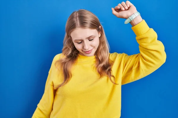 Young Caucasian Woman Standing Blue Background Dancing Happy Cheerful Smiling — 스톡 사진