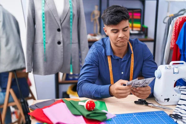 Young Hispanic Man Tailor Smiling Confident Holding Dollars Clothing Factory — Stock Photo, Image