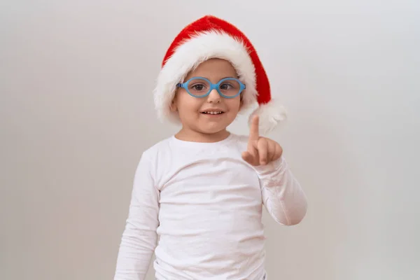 Little Hispanic Boy Wearing Glasses Christmas Hat Smiling Idea Question — Stock Photo, Image