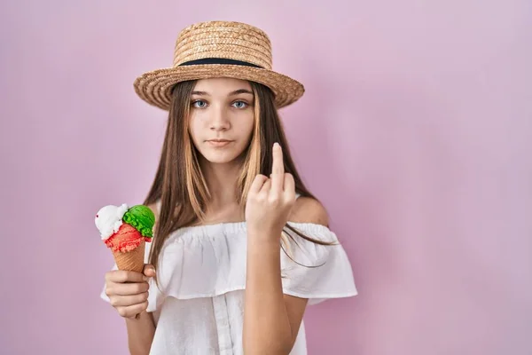 Teenager Girl Holding Ice Cream Showing Middle Finger Impolite Rude — 스톡 사진