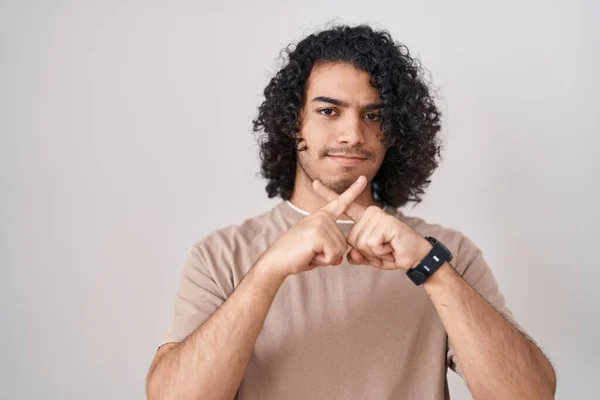 Hispanic Man Curly Hair Standing White Background Rejection Expression Crossing — Stock Photo, Image
