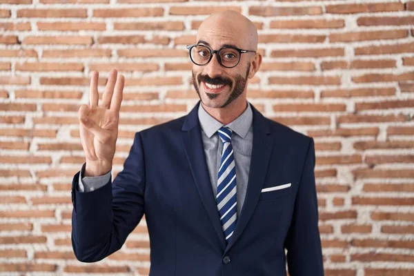 Bald Man Beard Wearing Business Clothes Glasses Showing Pointing Fingers — Stock Photo, Image