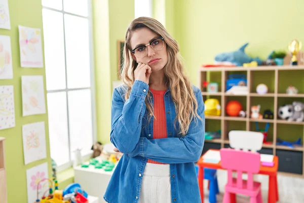Young Caucasian Woman Working Teacher Kindergarten Thinking Looking Tired Bored — Stock Photo, Image
