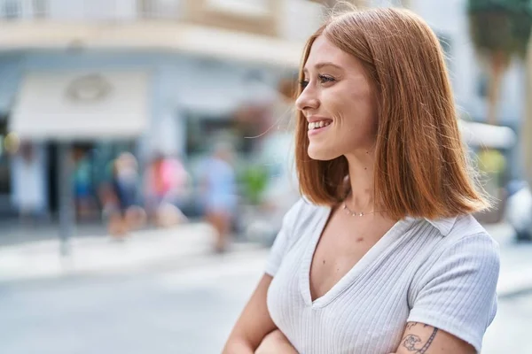 Young Redhead Woman Smiling Confident Standing Arms Crossed Gesture Street — Stok fotoğraf