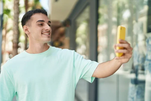 Young Hispanic Man Smiling Confident Making Selfie Smartphone Street — Photo