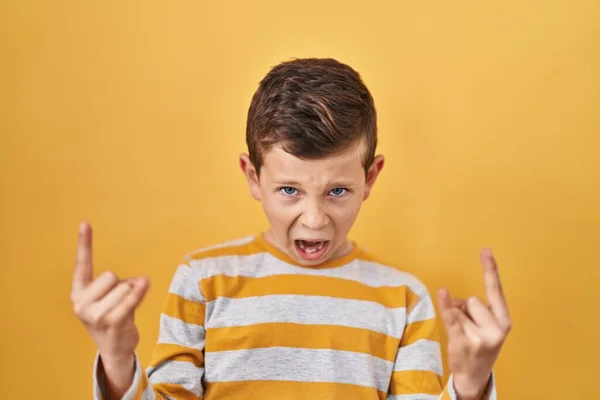 Young Caucasian Kid Standing Yellow Background Shouting Crazy Expression Doing — Stock Photo, Image
