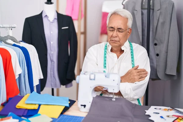 Middle Age Man Grey Hair Dressmaker Using Sewing Machine Shaking — Stock Photo, Image