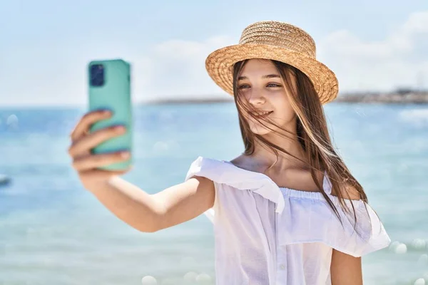 Adorable Girl Tourist Smiling Confident Make Selfie Smartphone Seaside — Stock Photo, Image