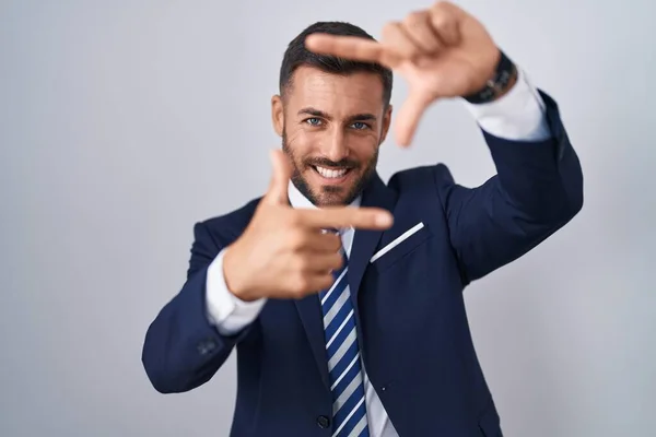 Handsome Hispanic Man Wearing Suit Tie Smiling Making Frame Hands — Stock Photo, Image