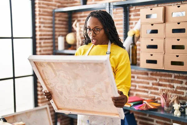African Woman Looking Painter Canvas Shock Face Looking Skeptical Sarcastic — Stock Photo, Image