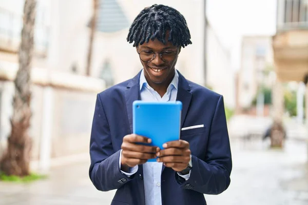 African American Man Executive Smiling Confident Using Touchpad Street — Stockfoto