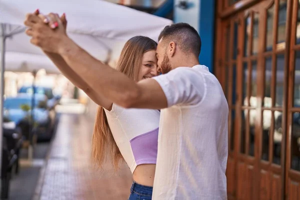 Man Woman Couple Smiling Confident Dancing Street — Stock Photo, Image