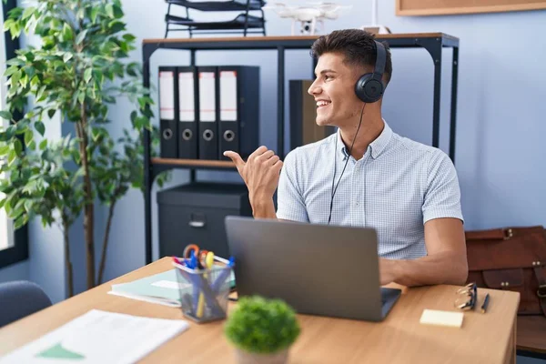 Young Hispanic Man Working Office Wearing Headphones Smiling Happy Face — Stock Photo, Image