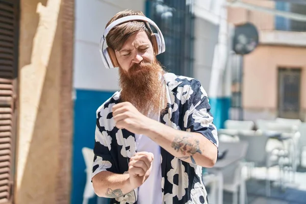 Young Redhead Man Listening Music Dancing Street — Stockfoto