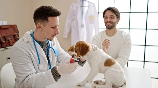 Dos Hombres Examinando Orejas Perro Usando Otoscopio Clínica Veterinaria — Foto de Stock