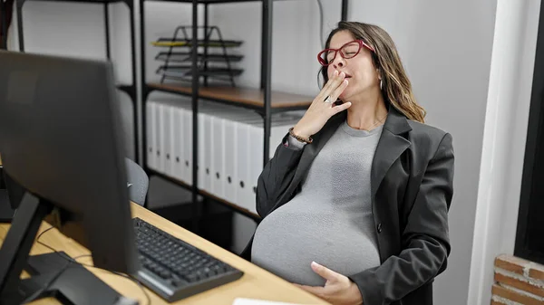 Young Pregnant Woman Business Worker Touching Belly Yawning Office — Stock Photo, Image