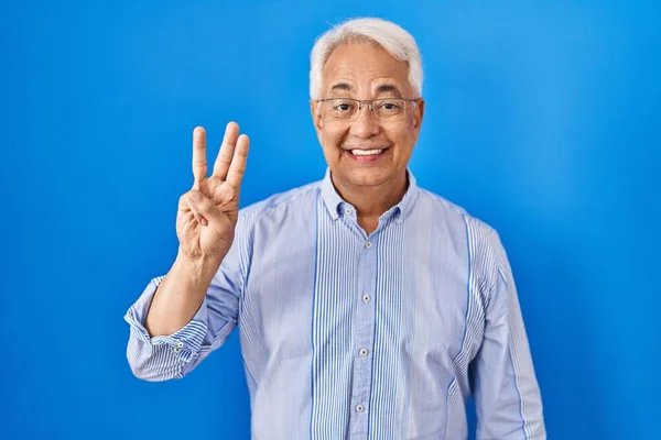 Hispanic Senior Man Wearing Glasses Showing Pointing Fingers Number Three — 图库照片
