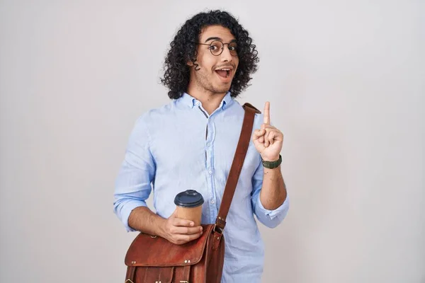 Hispanic Man Curly Hair Drinking Cup Take Away Coffee Pointing — Stock Photo, Image