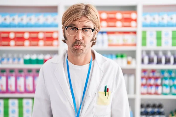 Caucasian Man Mustache Working Pharmacy Drugstore Depressed Worry Distress Crying — Stock Photo, Image