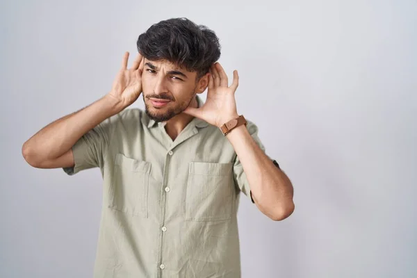 Arab Man Beard Standing White Background Trying Hear Both Hands — Stock Photo, Image