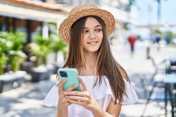 Adorable Girl Tourist Smiling Confident Using Smartphone Street — Stock Photo, Image