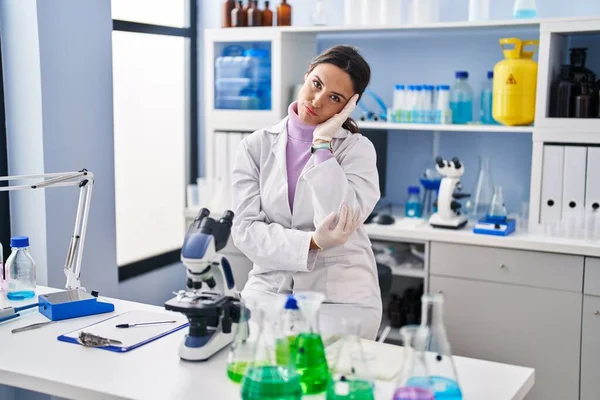 Young Brunette Woman Working Scientist Laboratory Thinking Looking Tired Bored — Fotografia de Stock