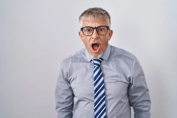 Hispanic Business Man Grey Hair Wearing Glasses Shock Face Looking — Stock Photo, Image