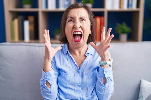 Middle Age Hispanic Woman Sitting Sofa Home Crazy Mad Shouting — Stock Photo, Image