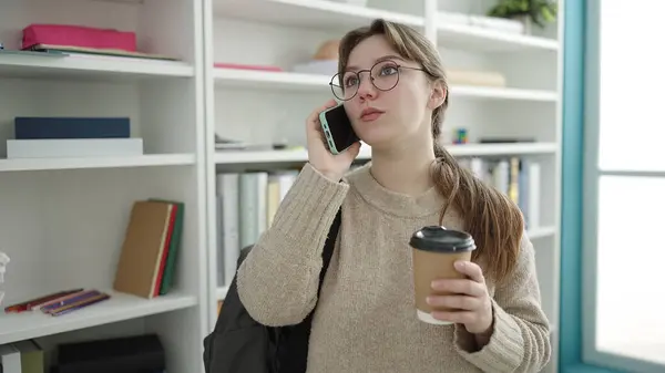 Young Blonde Woman Student Talking Smartphone Drinking Coffee Library University — Photo
