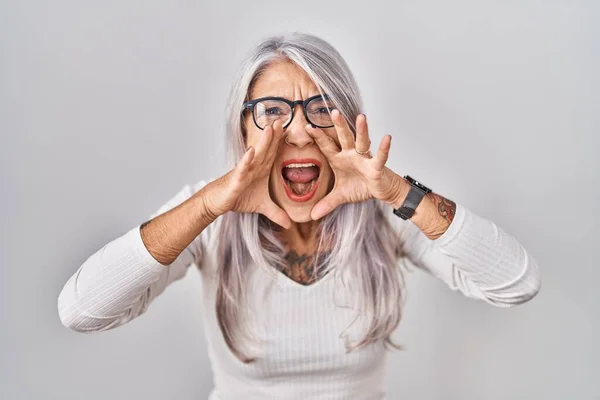 Middle Age Woman Grey Hair Standing White Background Shouting Angry — Stock Photo, Image