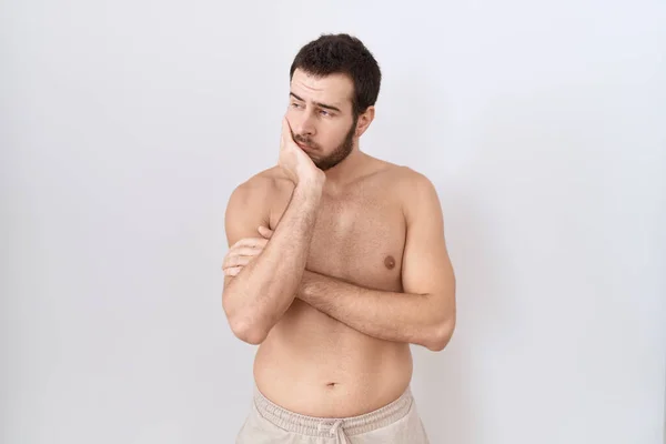 Young Hispanic Man Standing Shirtless White Background Thinking Looking Tired — Stock Photo, Image