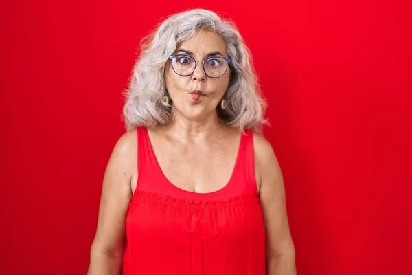 Middle Age Woman Grey Hair Standing Red Background Making Fish — Stock Photo, Image