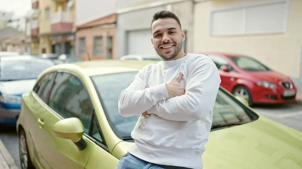 Young Hispanic Man Smiling Confident Sitting Car Arms Crossed Gesture — Stock Photo, Image