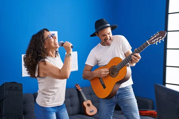 Man Woman Musicians Singing Song Playing Classical Guitar Music Studio — Foto Stock