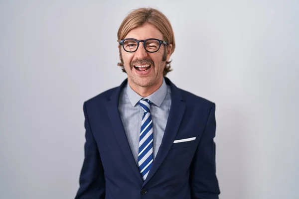 Caucasian Man Mustache Wearing Business Clothes Winking Looking Camera Sexy — Stock Photo, Image