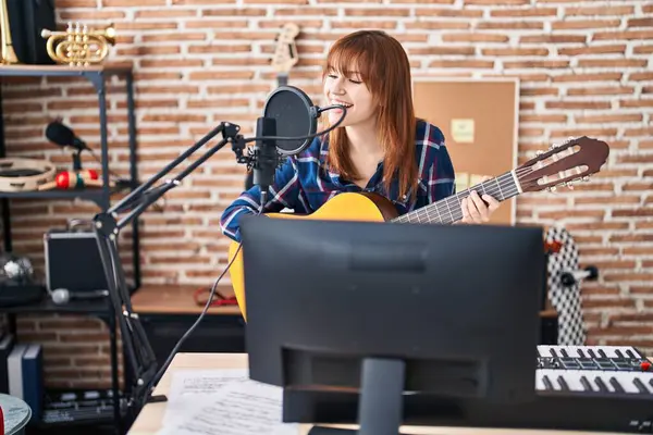 Young Woman Musician Singing Song Playing Classical Guitar Music Studio — Stockfoto