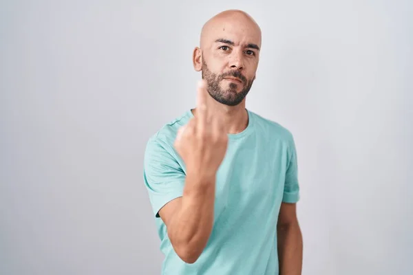 Middle Age Bald Man Standing White Background Showing Middle Finger — Stockfoto