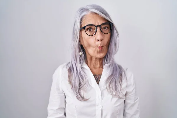 Middle Age Woman Tattoos Wearing Glasses Standing White Background Making — Stock Photo, Image