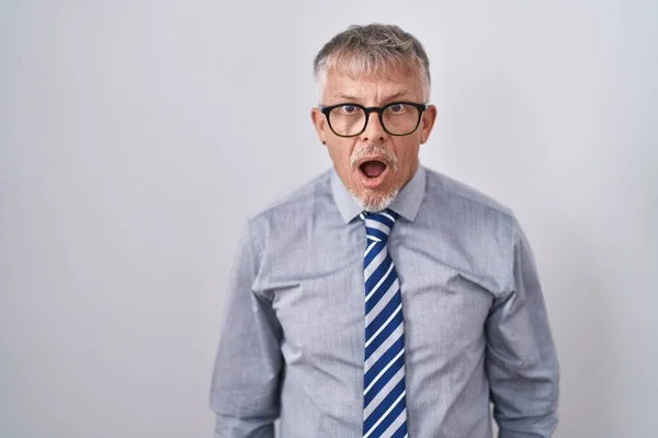 Hispanic Business Man Grey Hair Wearing Glasses Afraid Shocked Surprise — Stock Photo, Image