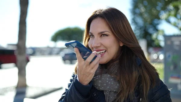 Young Beautiful Hispanic Woman Smiling Confident Sending Voice Message Smartphone — Stock Fotó
