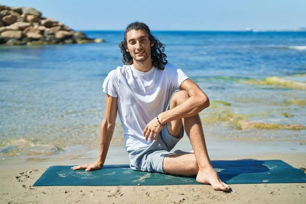 Young Hispanic Man Doing Yoga Exercise Sitting Sand Beach — Stock Photo, Image
