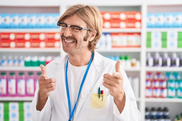 Caucasian Man Mustache Working Pharmacy Drugstore Pointing Fingers Camera Happy — Stock Photo, Image
