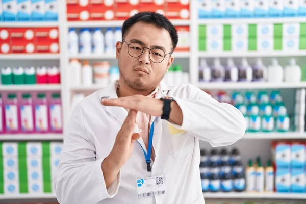 Chinese Young Man Working Pharmacy Drugstore Doing Time Out Gesture — Stock Photo, Image