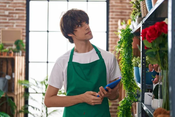Young Blond Man Florist Using Touchpad Flower Shop — Stock Photo, Image