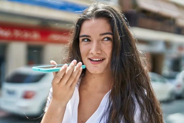 Young Hispanic Woman Smiling Confident Talking Smartphone Street — Fotografia de Stock