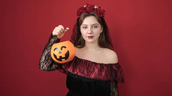 Young Blonde Woman Wearing Katrina Costume Holding Halloween Pumpkin Basket — Stok fotoğraf