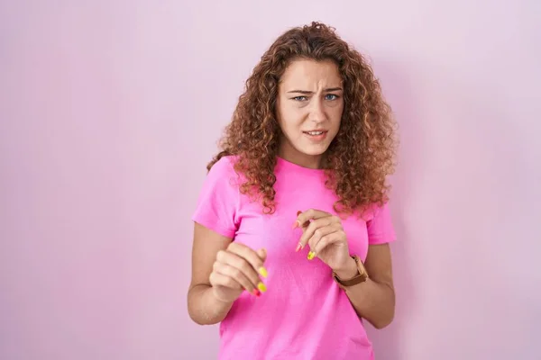 Young Caucasian Woman Standing Pink Background Disgusted Expression Displeased Fearful — Fotografia de Stock