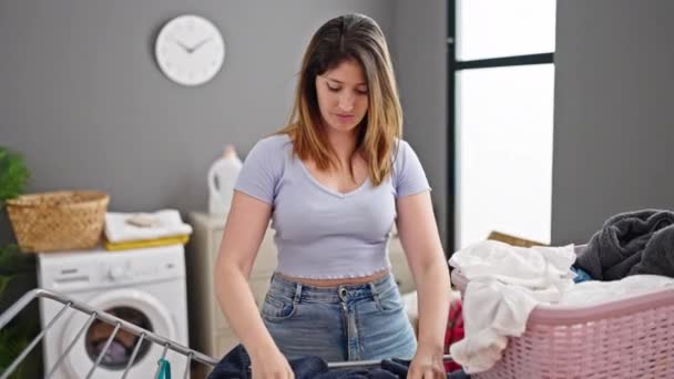Young Blonde Woman Hanging Clothes Clothesline Laundry Room — Vídeo de stock