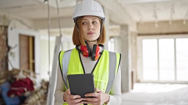Young Blonde Woman Architect Smiling Confident Using Touchpad Construction Site — Stock Video