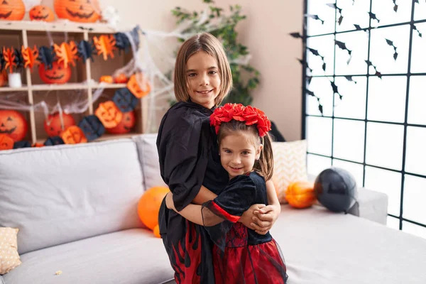 Adorable Niño Niña Con Disfraz Halloween Abrazándose Casa —  Fotos de Stock